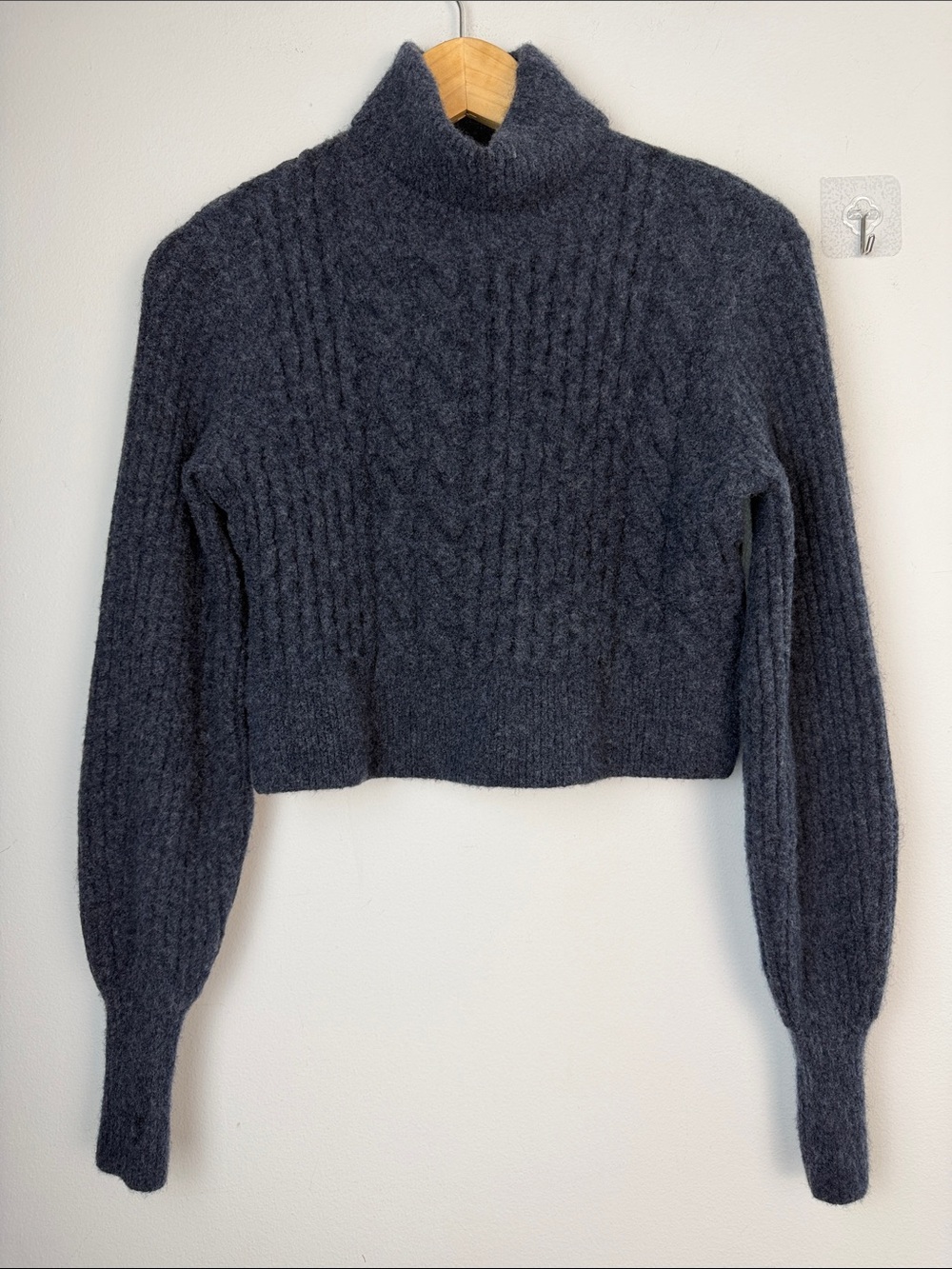 All Saints Claude Cropped Sweater Chunky Cable Knit Mock Neck Wool Blend SM Blue - Picture 2 of 16